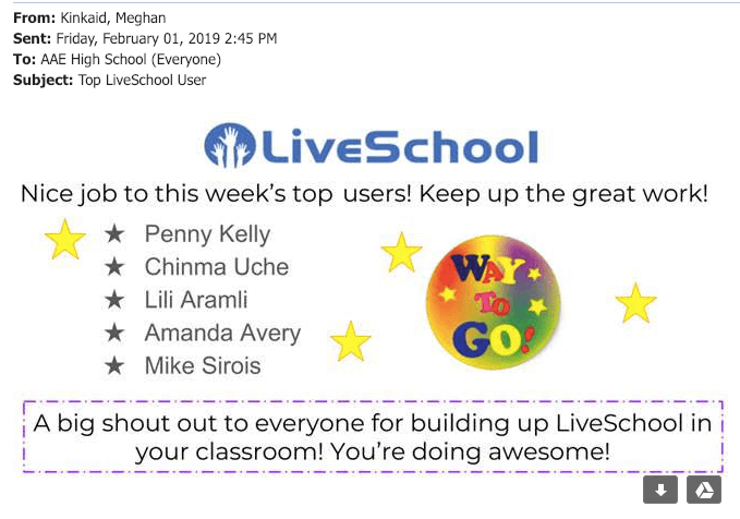 An email showing LiveSchool, "Nice job to this week's top users! Keep up the great work!" with five teacher names and more