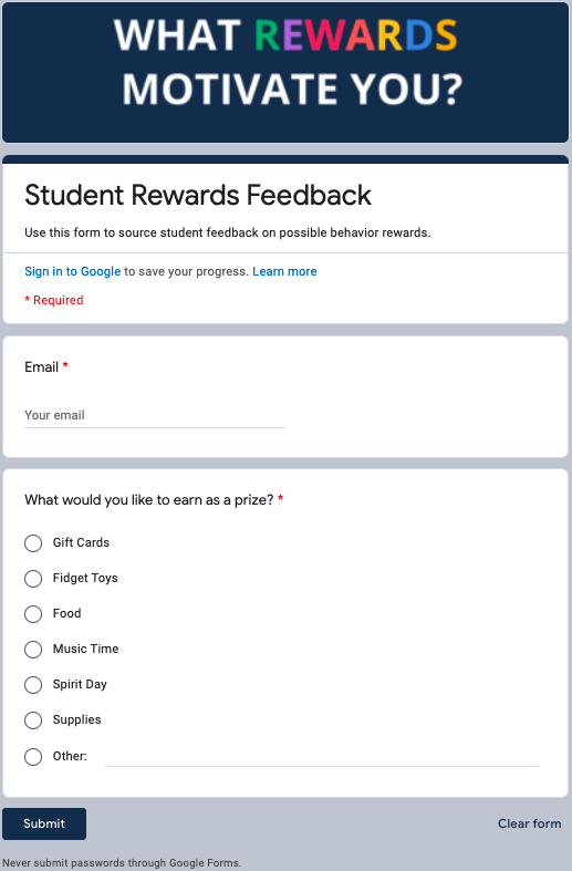 Student Rewards Feedback Form Example
