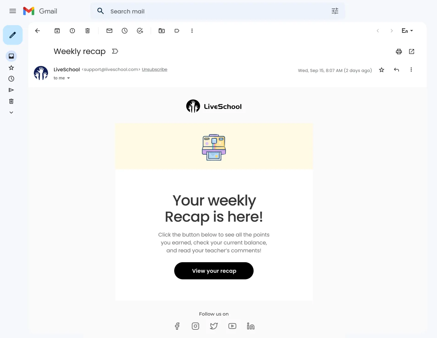LiveSchool weekly recap email preview showing student points and behaviors