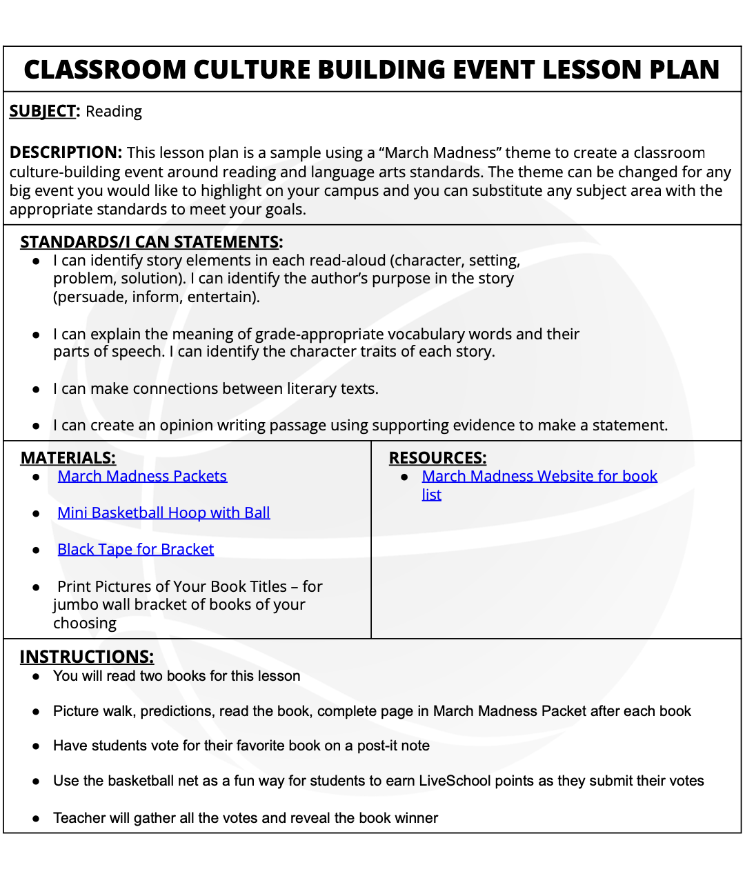 Free March Madness Lesson Plan